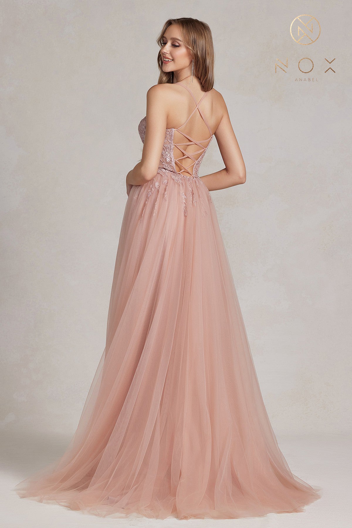 Embroidered Tulle Skirt Long Prom Dress w/ Bodice & Side Slit-smcdress