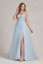 Embroidered Tulle Skirt Long Prom Dress w/ Bodice & Side Slit-smcdress