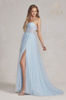 Embroidered Tulle Skirt Long Prom Dress w/ Bodice & Side Slit-smcdress