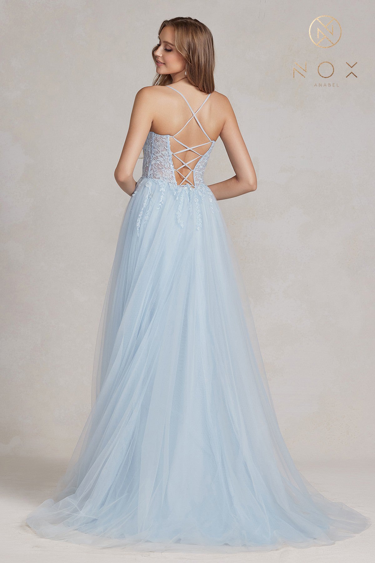 Embroidered Tulle Skirt Long Prom Dress w/ Bodice & Side Slit-smcdress