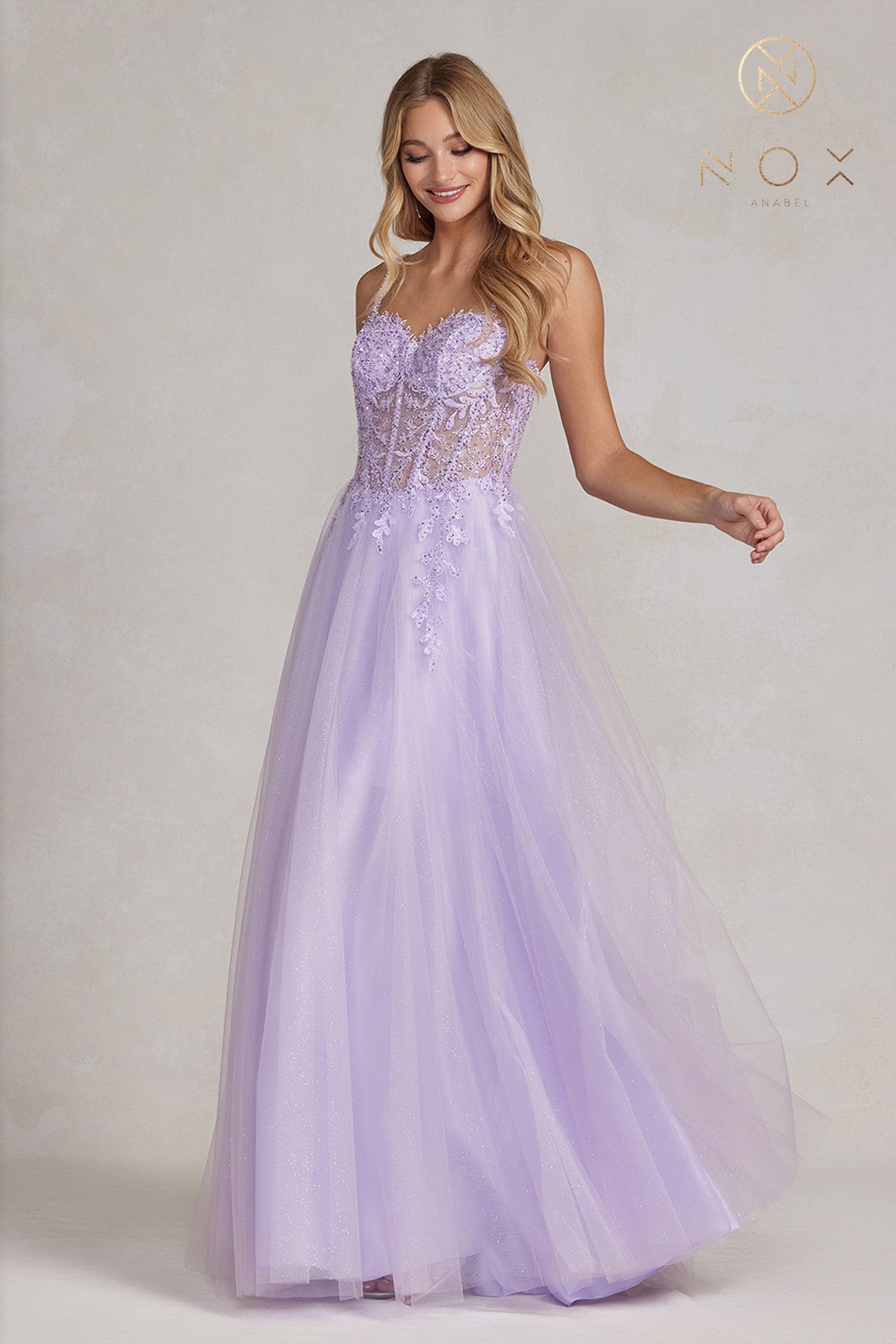 Embroidered Sheer A-Line Prom Dress w/ Beads-smcdress