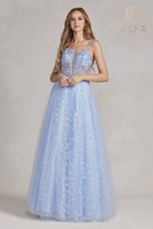 Embroidered Applique Prom Dress w/ Open Corset Back & Spaghetti Straps-smcdress