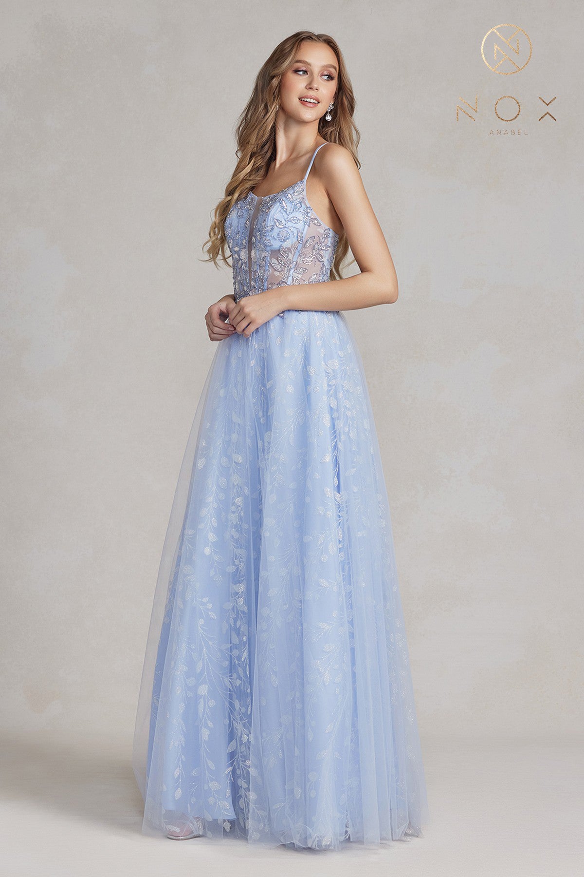 Embroidered Applique Prom Dress w/ Open Corset Back & Spaghetti Straps-smcdress