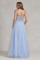 Embroidered Applique Prom Dress w/ Open Corset Back & Spaghetti Straps-smcdress