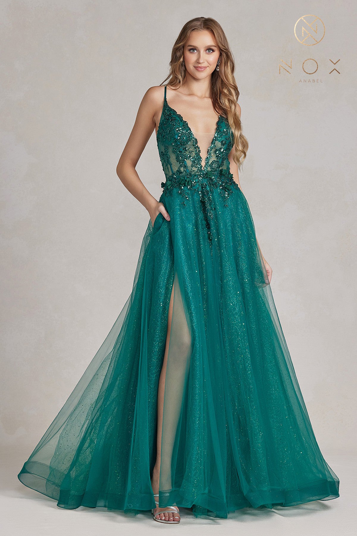 Embroidered Lace Prom Dress w/Tulle Skirt & Open Criss Cross Back-smcdress