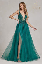 Embroidered Lace Prom Dress w/Tulle Skirt & Open Criss Cross Back-smcdress