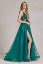 Embroidered Lace Prom Dress w/Tulle Skirt & Open Criss Cross Back-smcdress