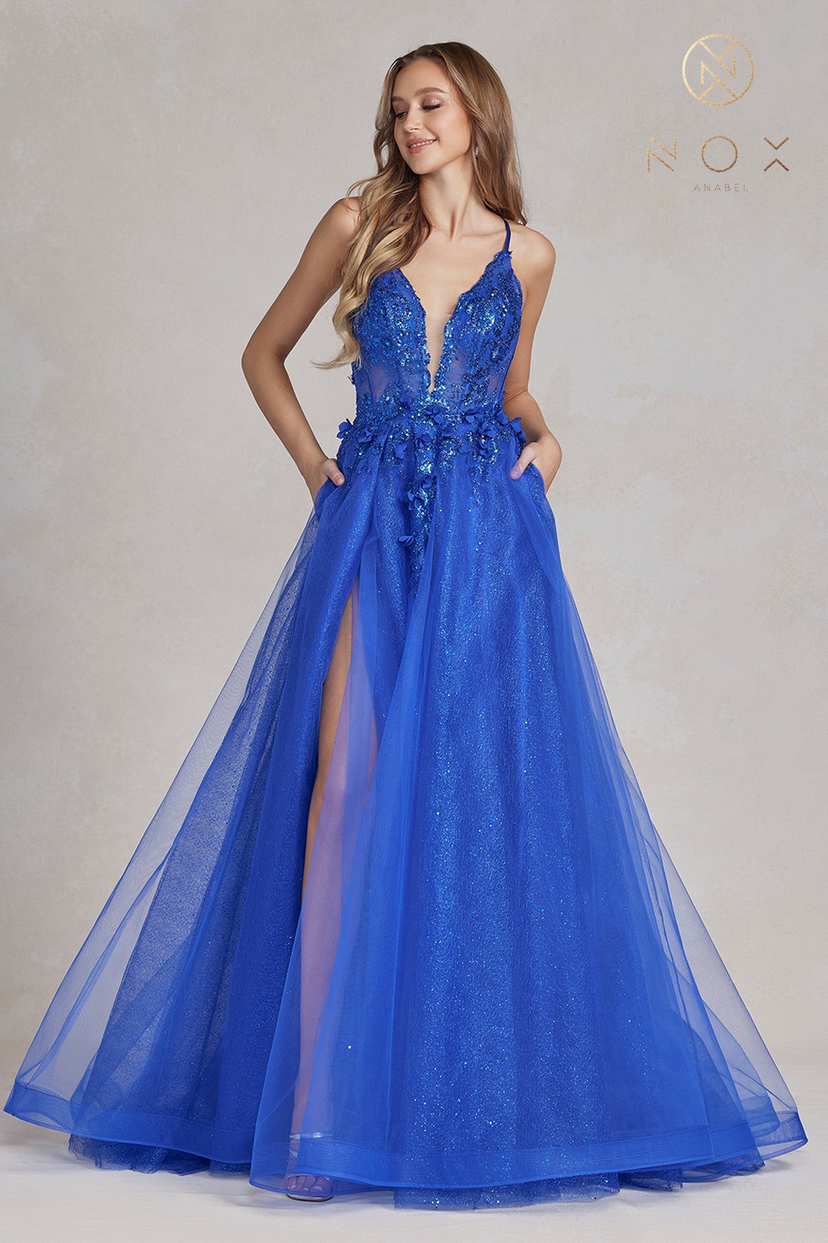 Embroidered Lace Prom Dress w/Tulle Skirt & Open Criss Cross Back-smcdress