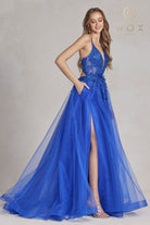 Embroidered Lace Prom Dress w/Tulle Skirt & Open Criss Cross Back-smcdress