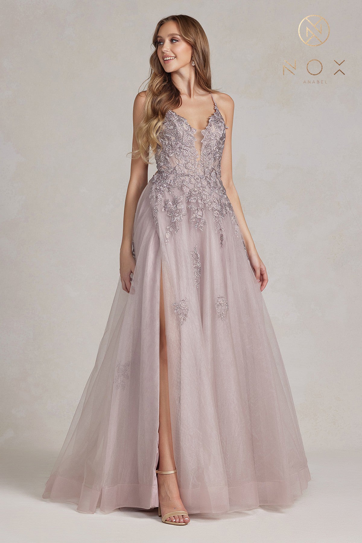 A-Line Tulle Skirt Dress w/ Embroidered Lace & Long Prom Style-smcdress