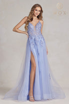 A-Line Tulle Skirt Dress w/ Embroidered Lace & Long Prom Style-smcdress