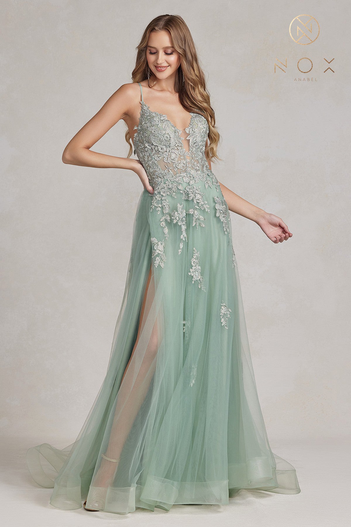 A-Line Tulle Skirt Dress w/ Embroidered Lace & Long Prom Style-smcdress