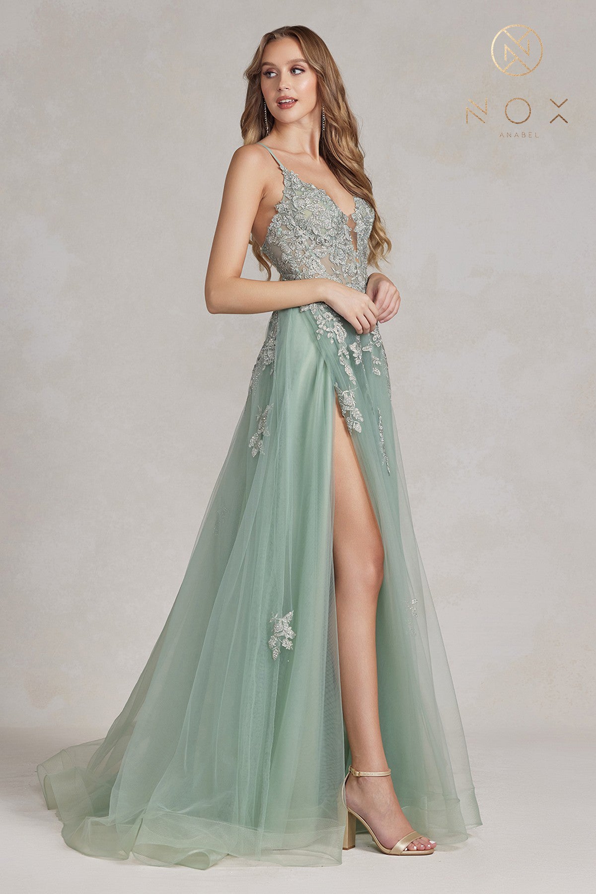 A-Line Tulle Skirt Dress w/ Embroidered Lace & Long Prom Style-smcdress