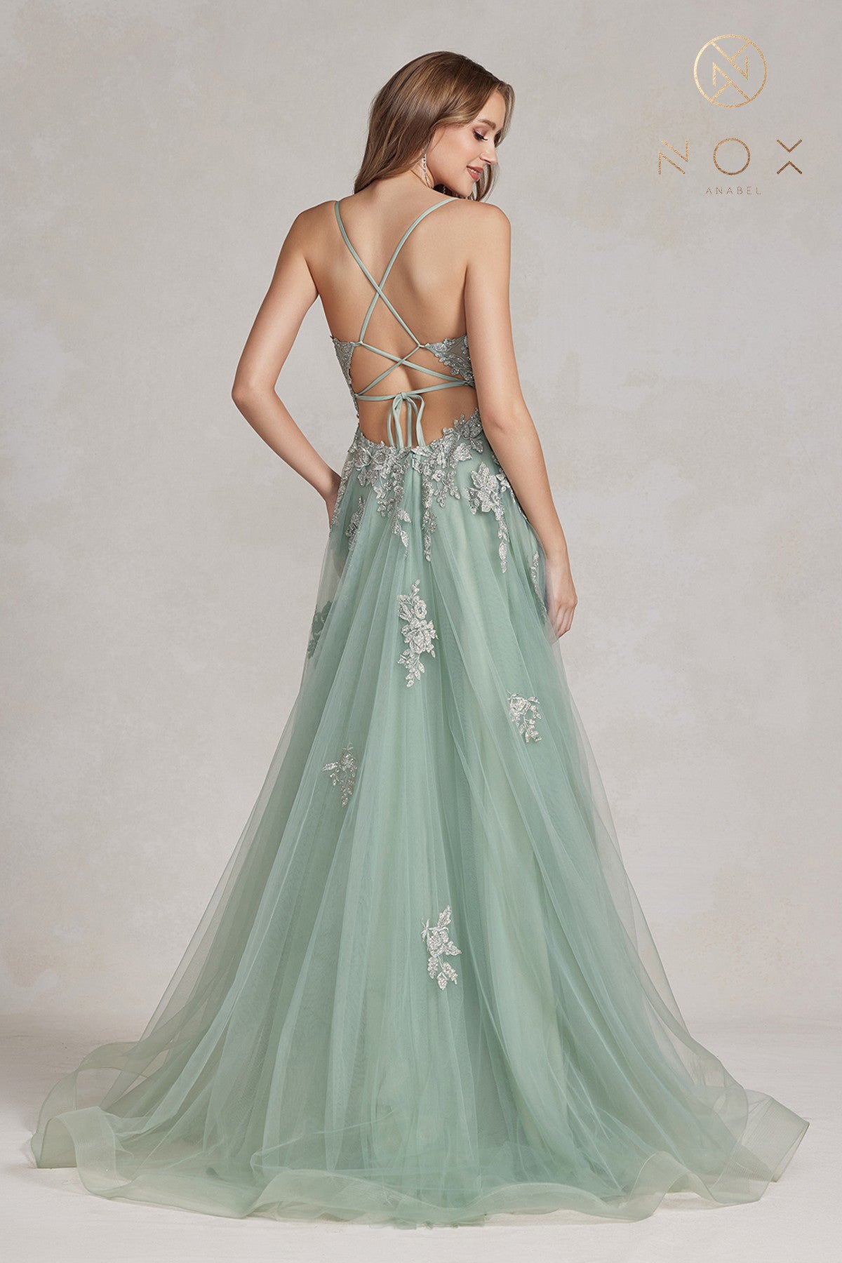 A-Line Tulle Skirt Dress w/ Embroidered Lace & Long Prom Style-smcdress