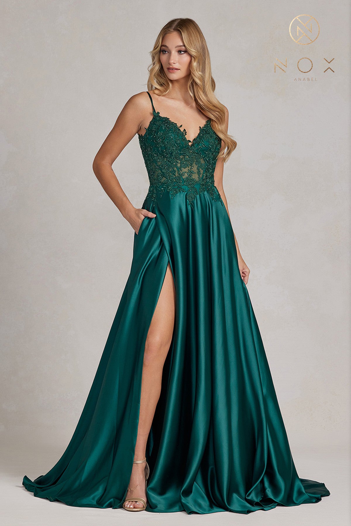 Embroidered Lace Bodice, Open V-Back, Satin Skirt Prom Dress-smcdress