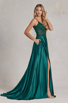 Embroidered Lace Bodice, Open V-Back, Satin Skirt Prom Dress-smcdress