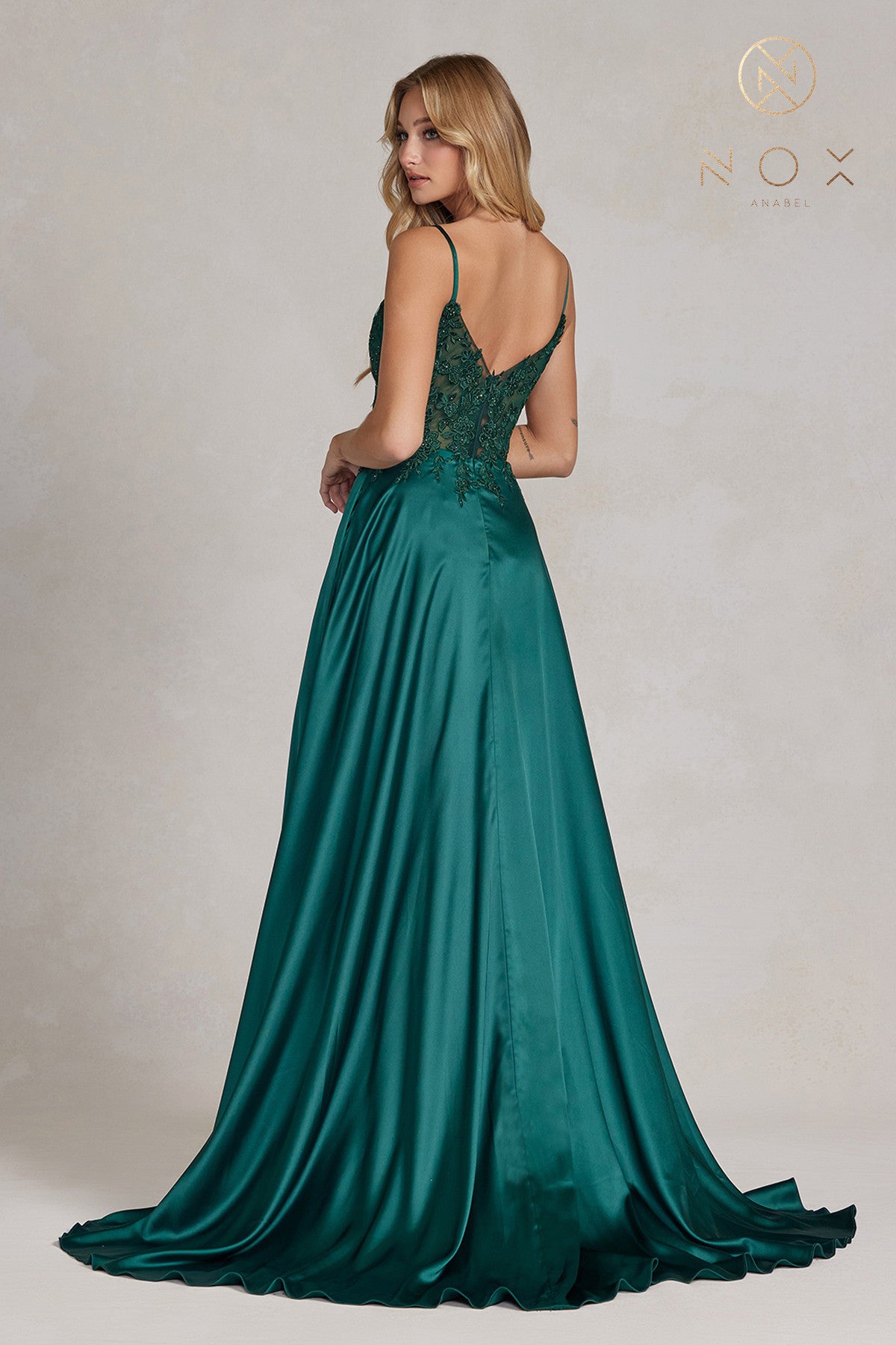 Embroidered Lace Bodice, Open V-Back, Satin Skirt Prom Dress-smcdress