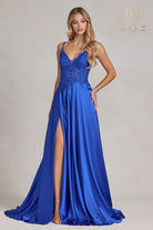 Embroidered Lace Bodice, Open V-Back, Satin Skirt Prom Dress-smcdress