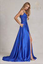 Embroidered Lace Bodice, Open V-Back, Satin Skirt Prom Dress-smcdress