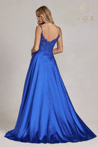 Embroidered Lace Bodice, Open V-Back, Satin Skirt Prom Dress-smcdress