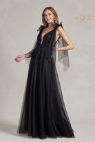 Lace Long Prom Dress w/Deep Illusion V-Neck & Embroidered Tulle Skirt-smcdress