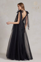 Lace Long Prom Dress w/Deep Illusion V-Neck & Embroidered Tulle Skirt-smcdress