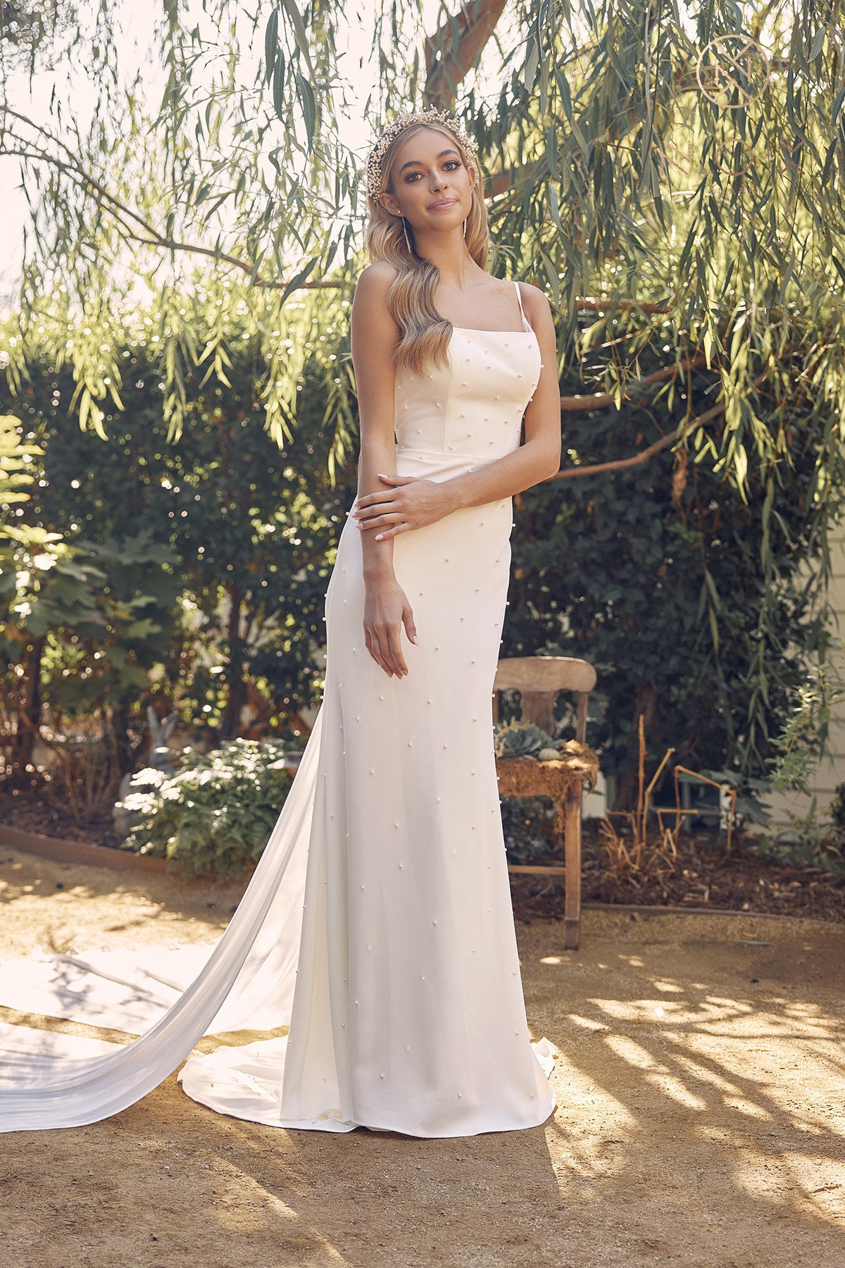 Satin Tail Long Wedding Dress w/Straight Straps-smcdress