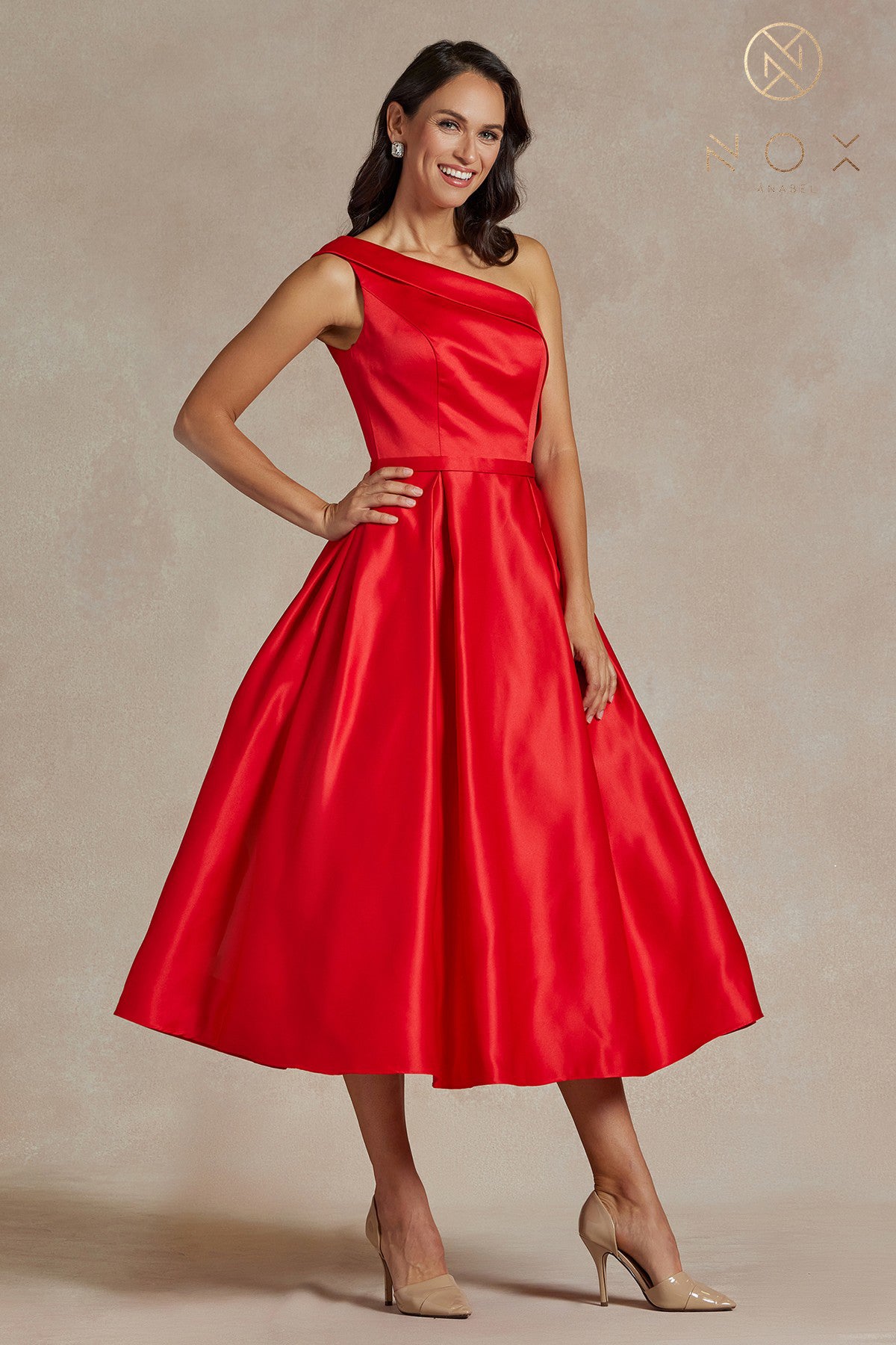 One-Shoulder Satin Midi Dress with Open Back-smcdress