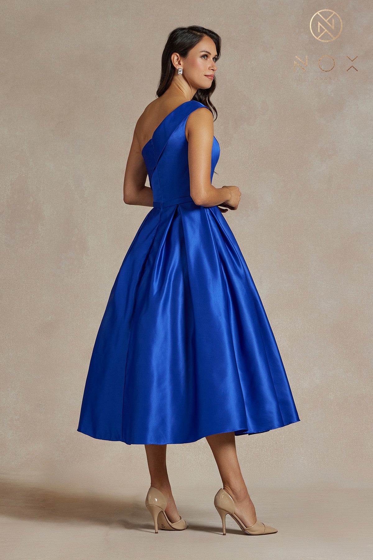 One-Shoulder Satin Midi Dress with Open Back-smcdress