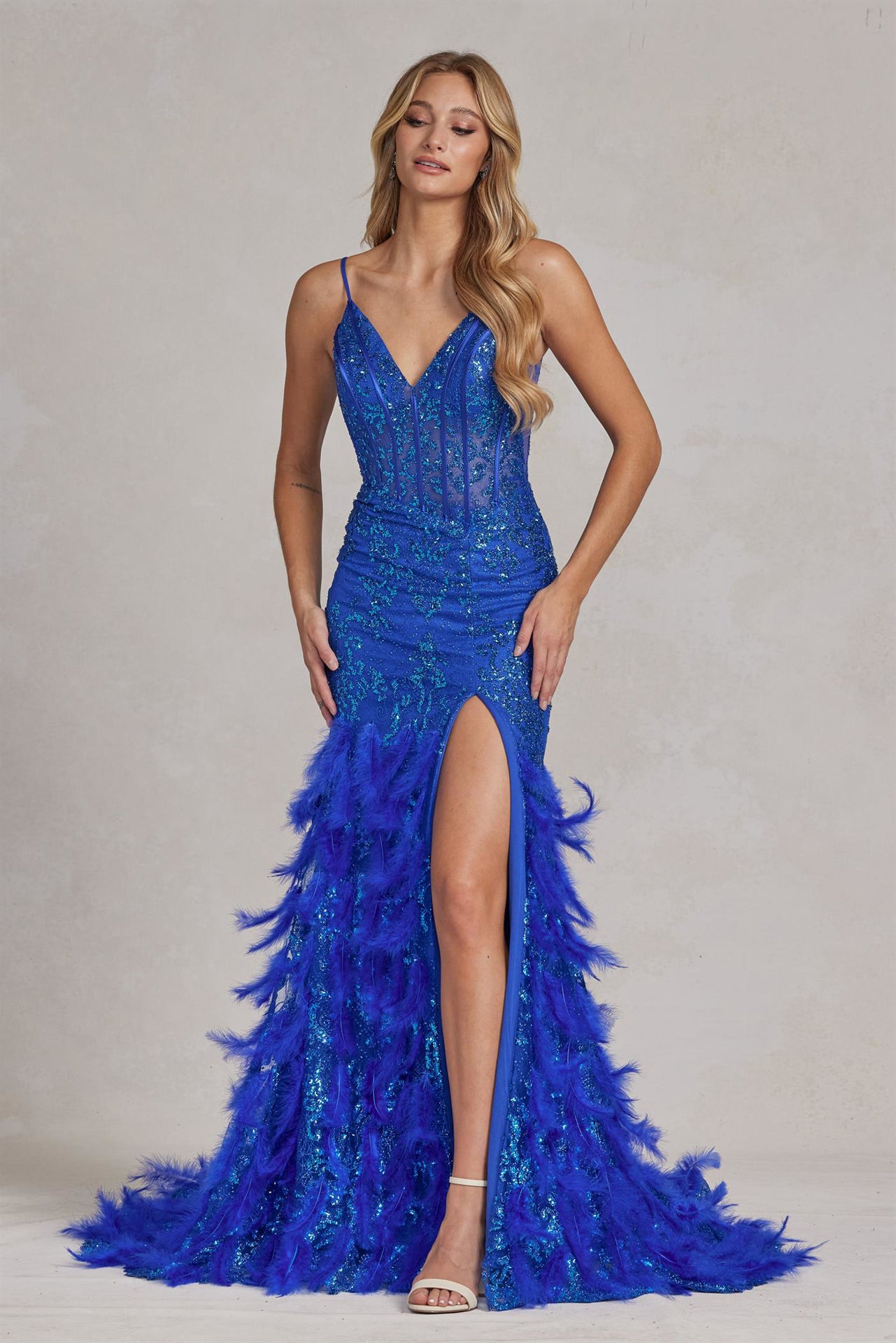 Strappy Open-Back Long Blue Sequin Prom Dress
