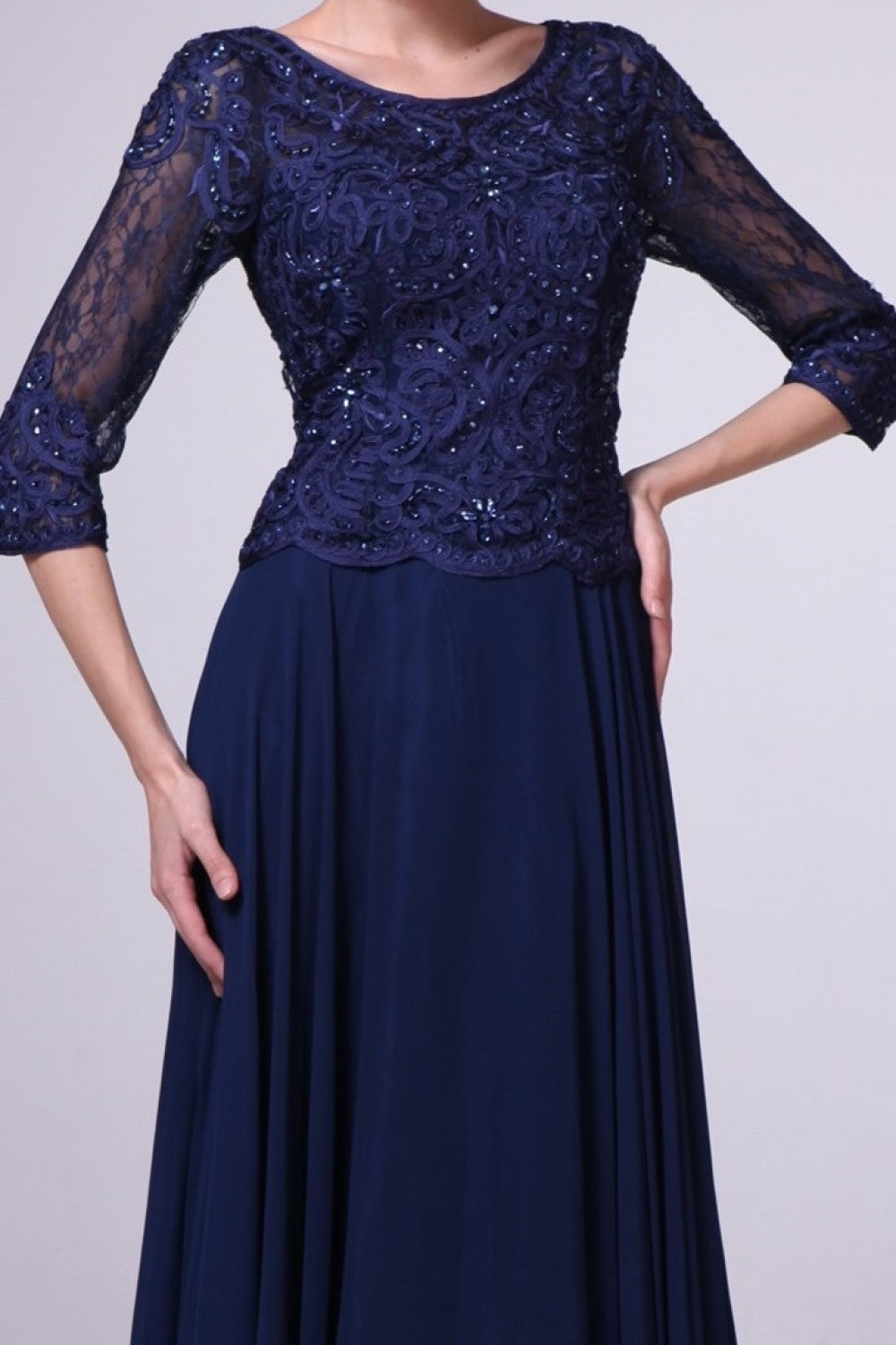 Beaded Lace Bodice Chiffon Empire Waist Dress-smcdress