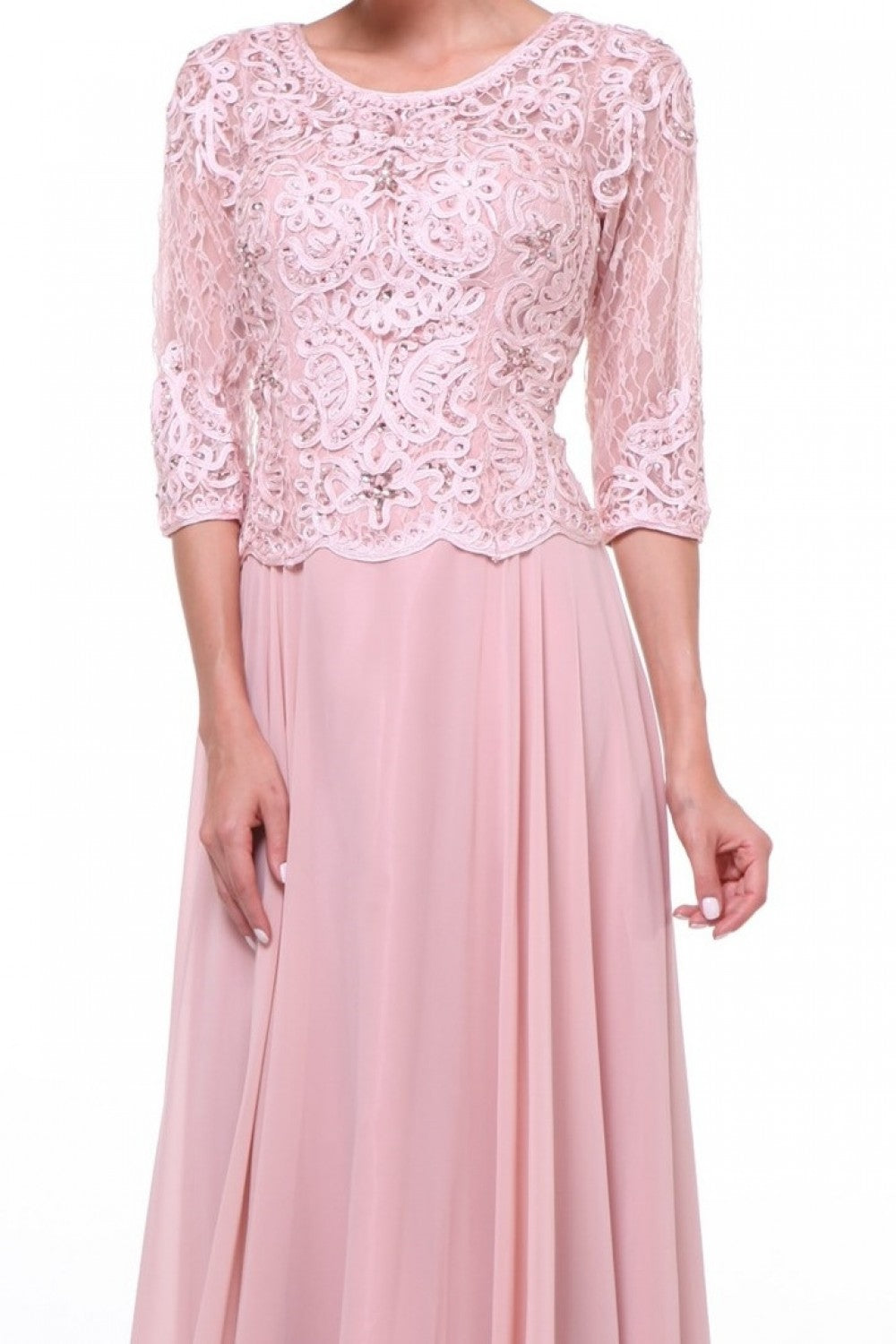 Beaded Lace Bodice Chiffon Empire Waist Dress-smcdress