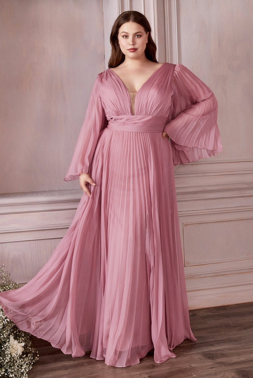 Plus Size Chiffon Prom Dress w/ Long Sleeve, V-neck, A-line & Pleats-smcdress