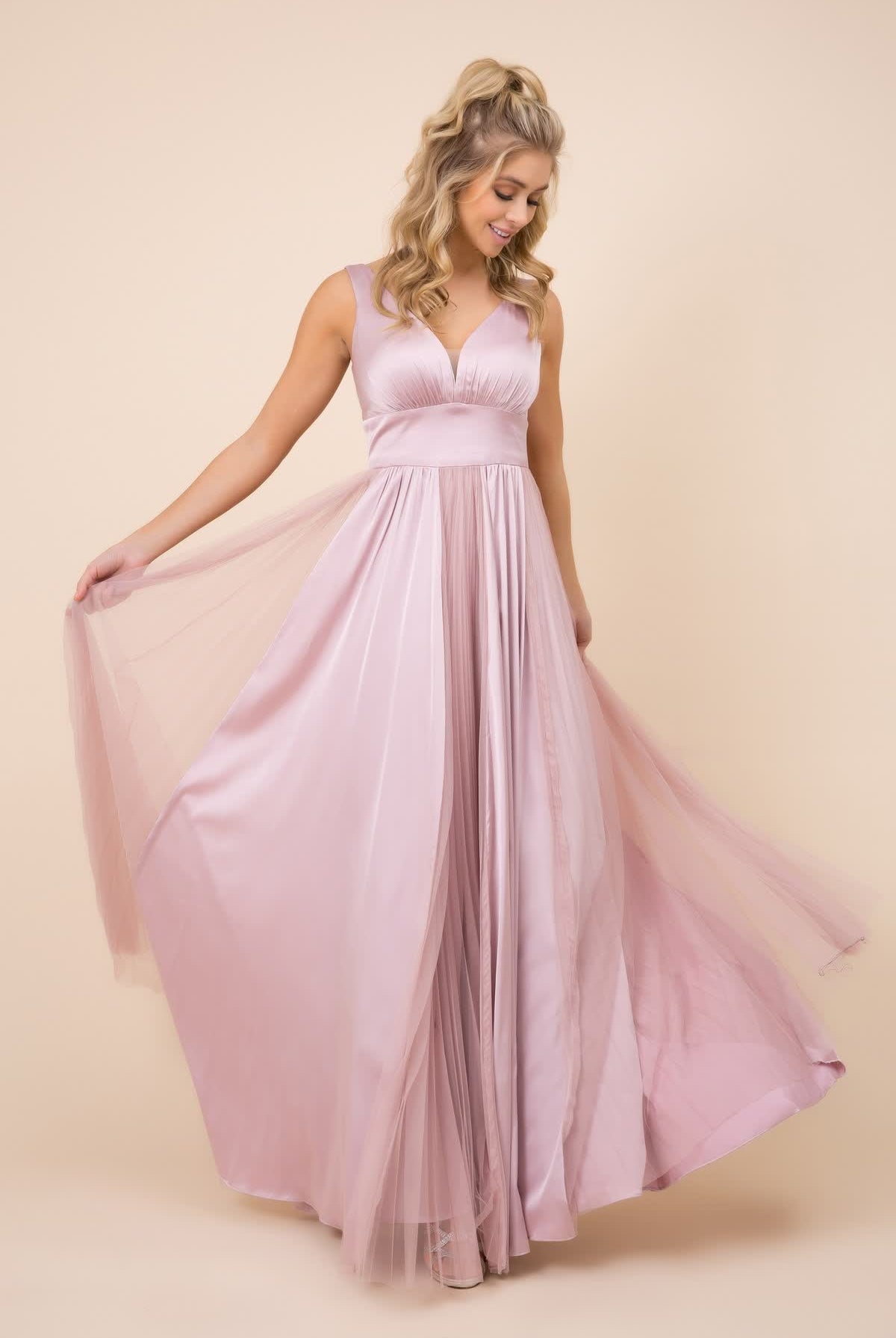 V-neck long tulle dress for evening & bridesmaids-smcdress