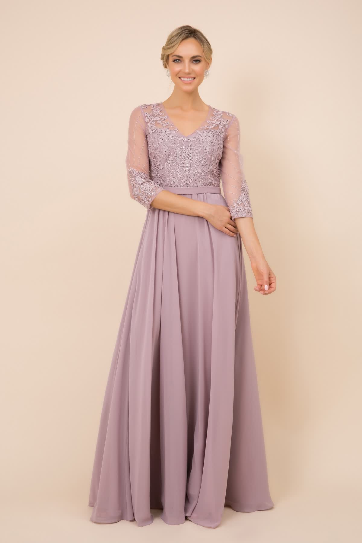 V-Neck Dress, Long, Embroidered Bodice, 3/4 Sleeves-smcdress