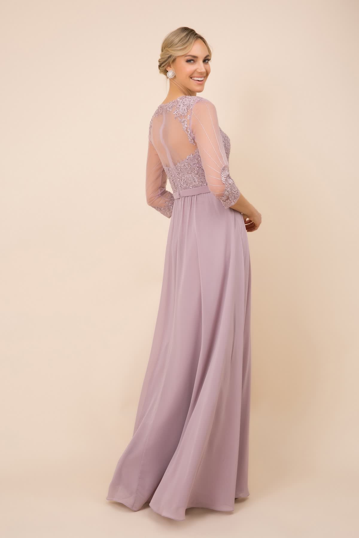 V-Neck Dress, Long, Embroidered Bodice, 3/4 Sleeves-smcdress