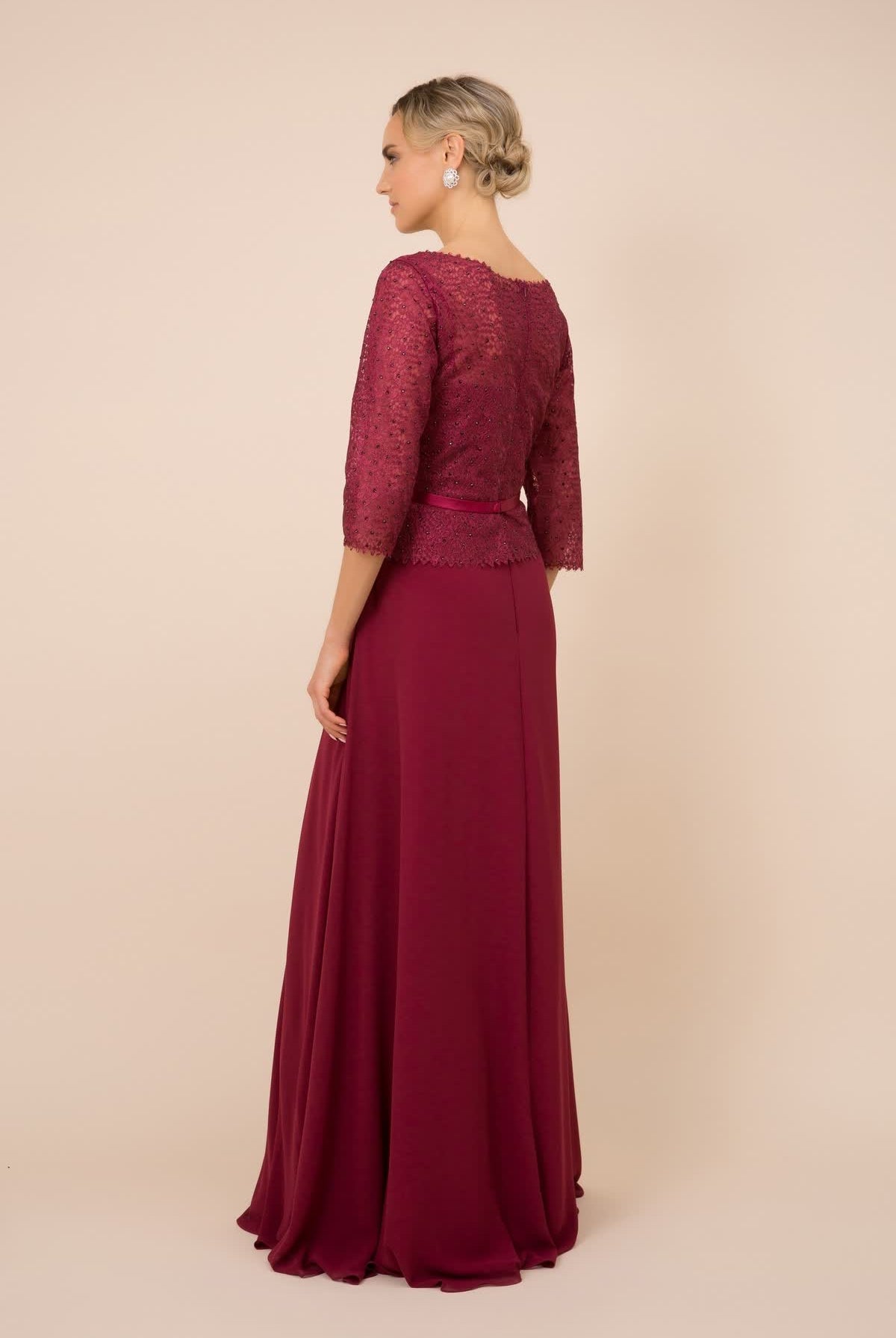 3/4 Sleeve Lace Neck Long MOB Dress-smcdress