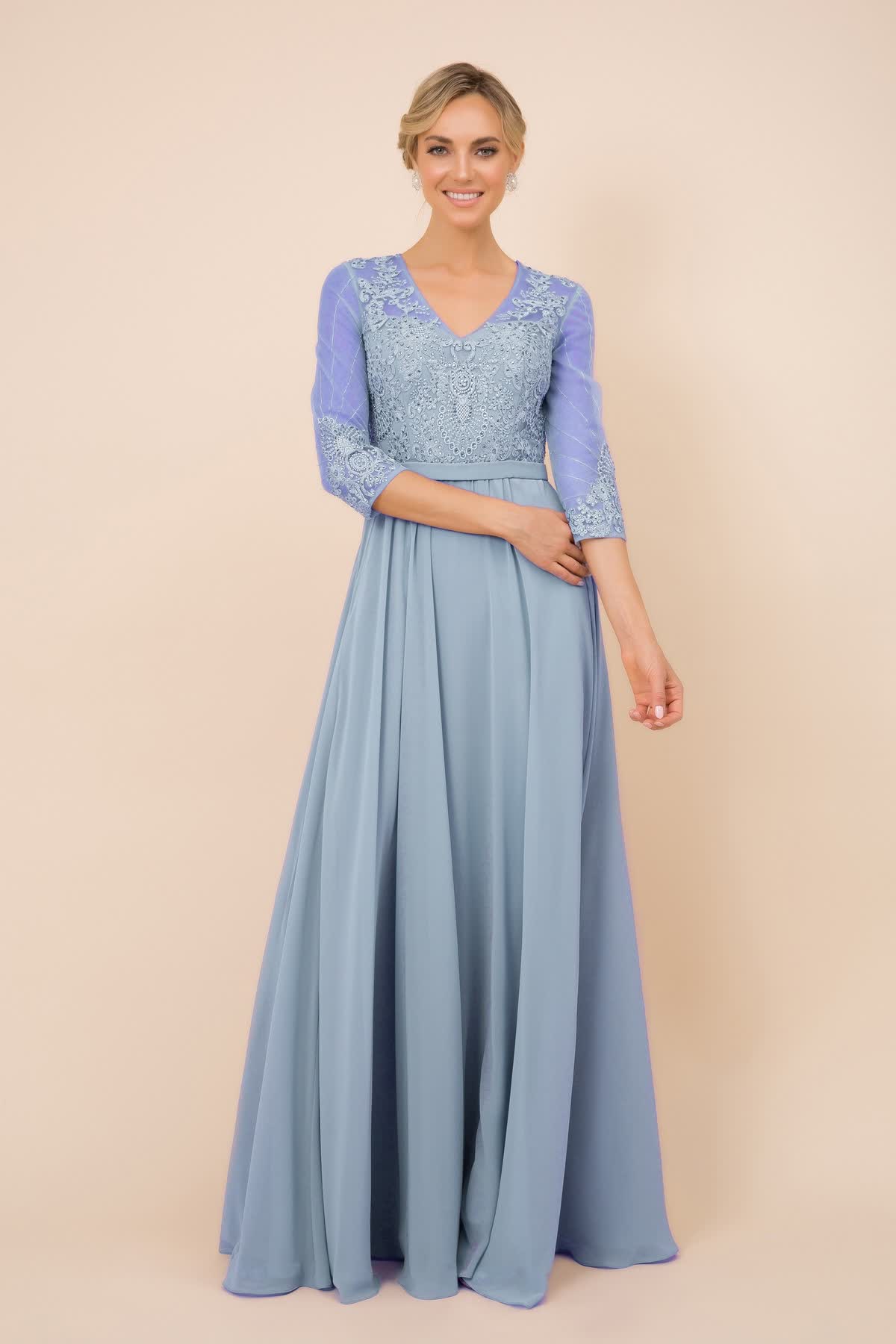 V-Neck Dress, Long, Embroidered Bodice, 3/4 Sleeves-smcdress