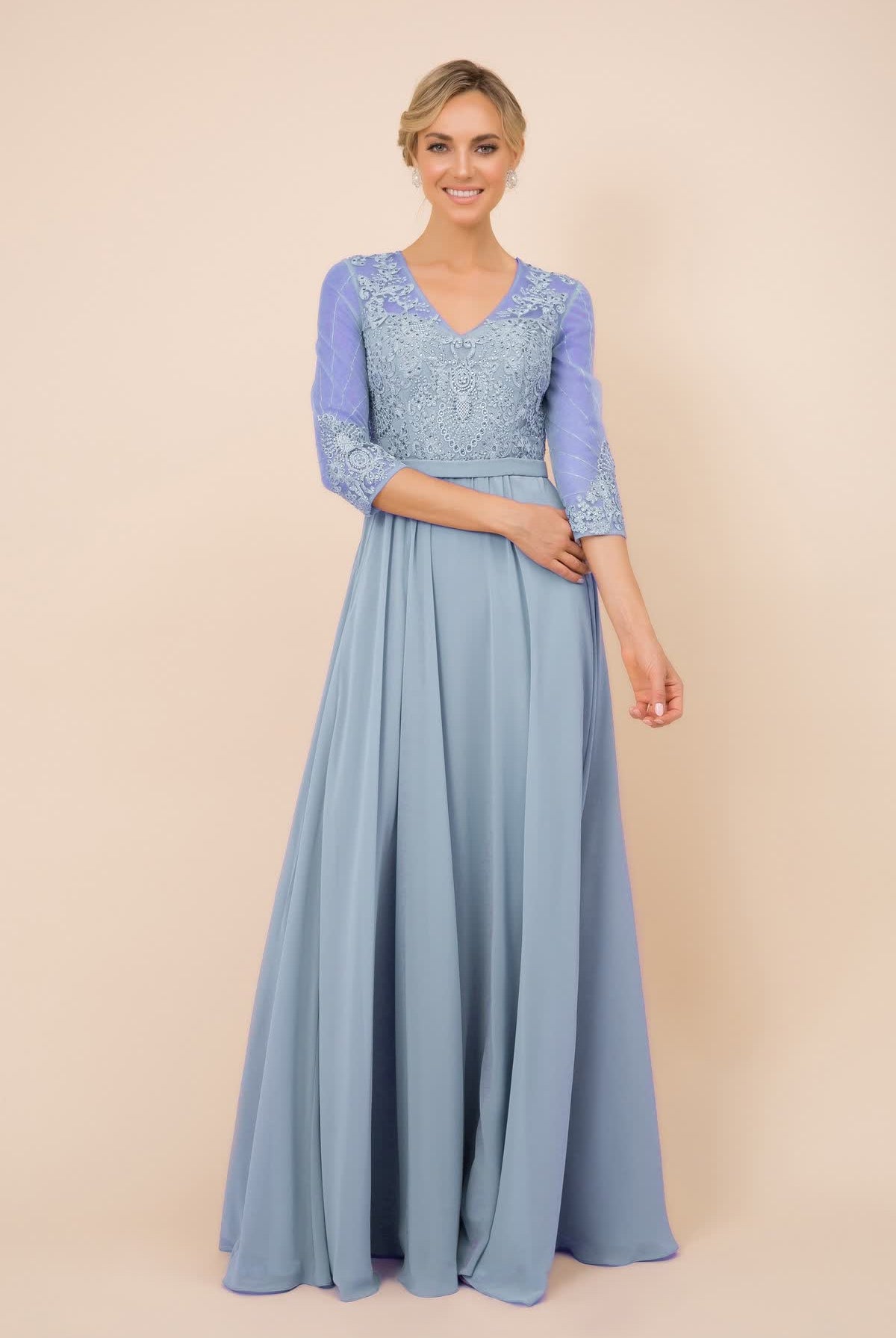 V-Neck Dress, Long, Embroidered Bodice, 3/4 Sleeves-smcdress