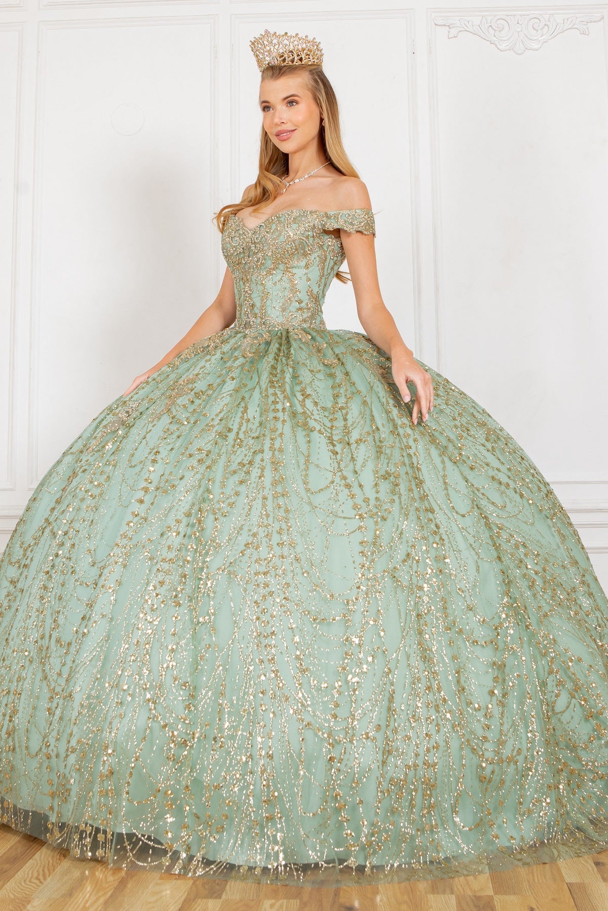 Sage glitter ball gown prom dresses