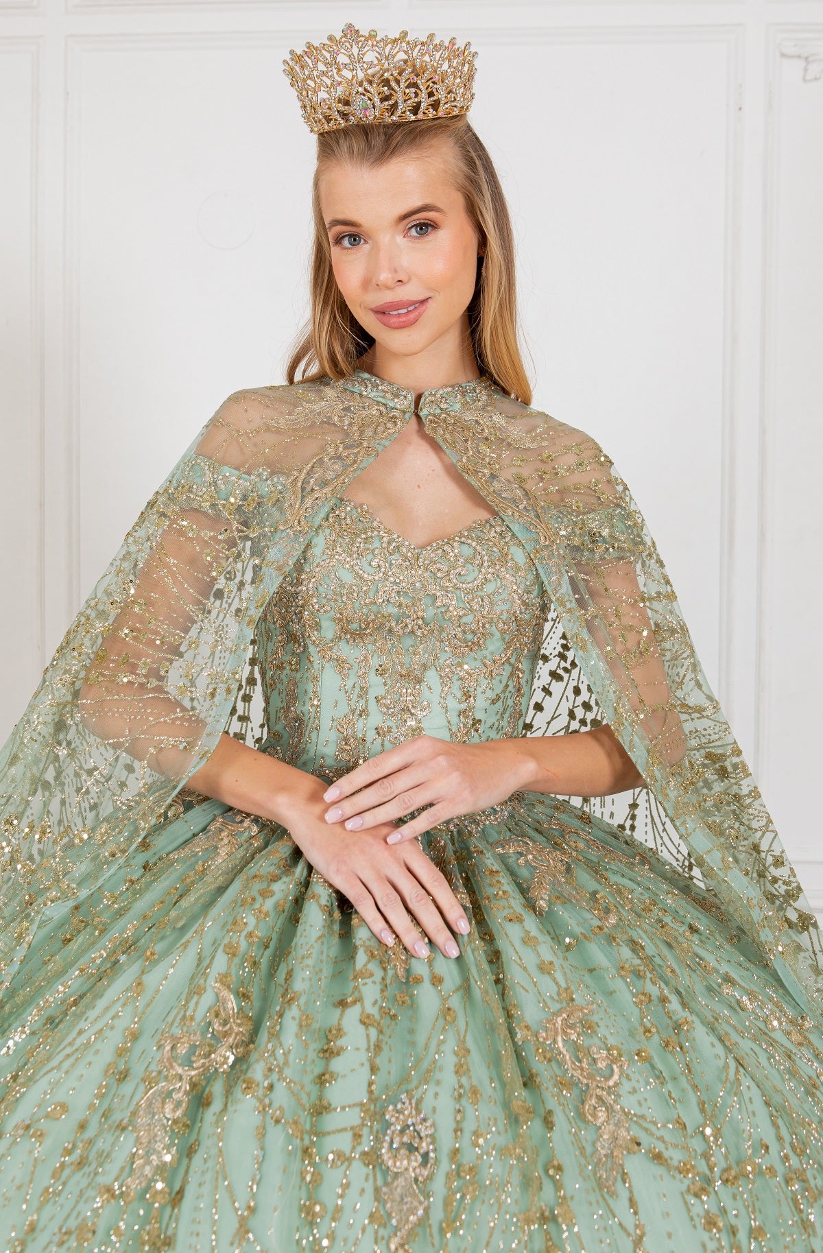 A closer look at sage glitter ball gown prom dresses