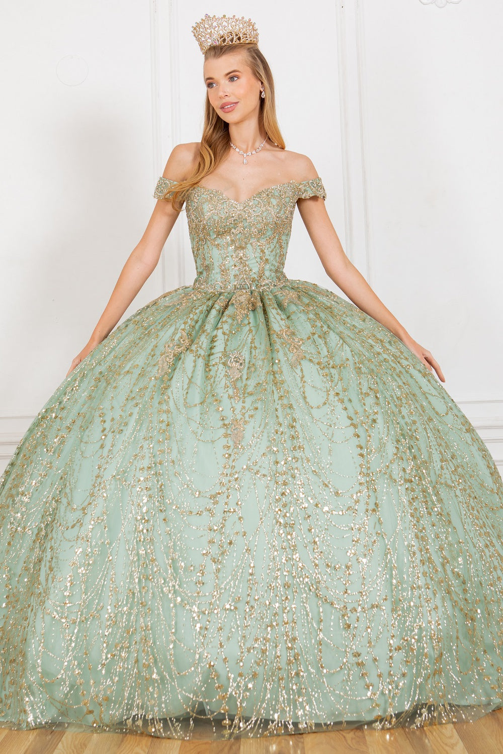 Sage glitter ball gown prom dresses
