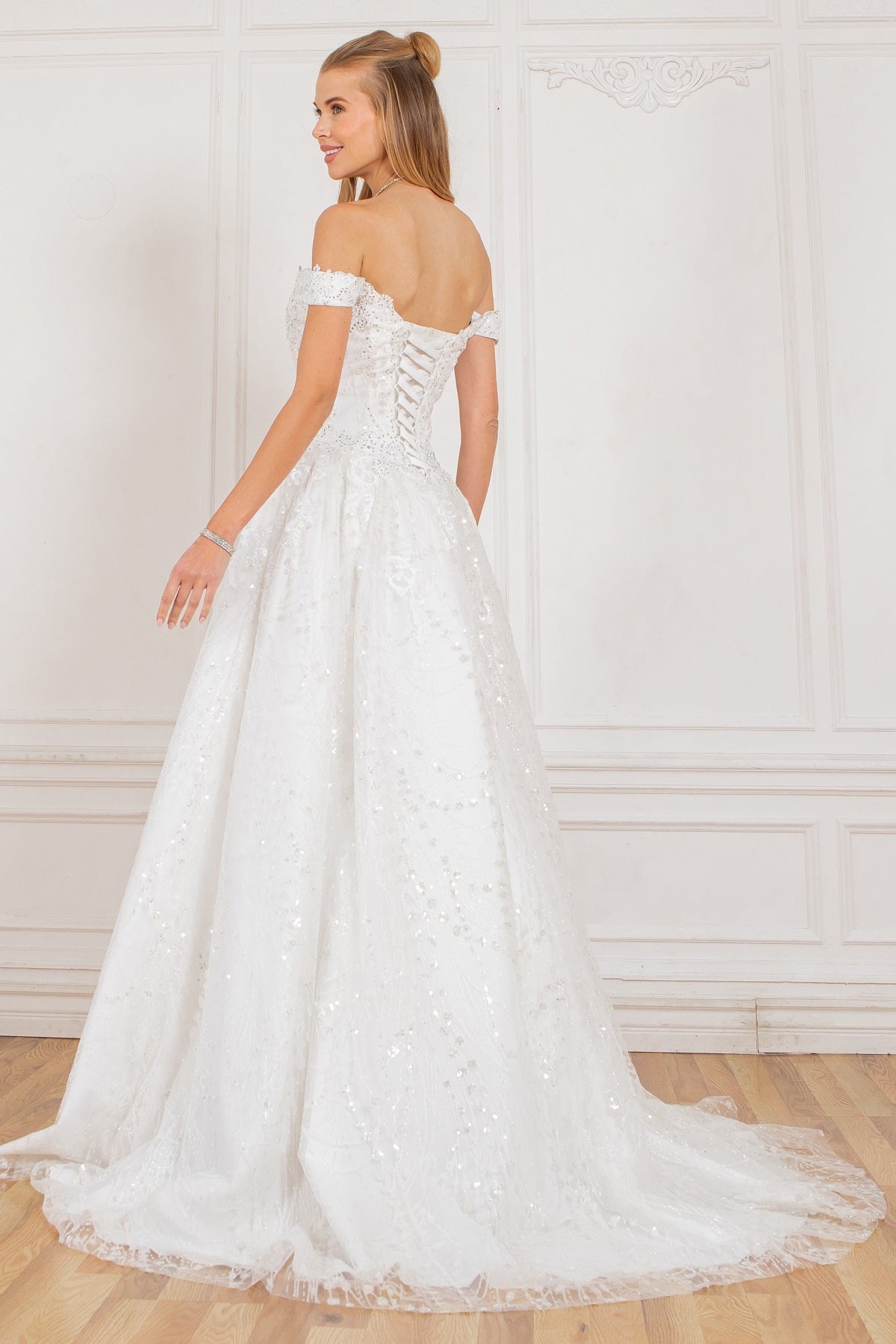 Rhinestone and glittered lacy off shoulder spaghetti back ball gown-smcdress