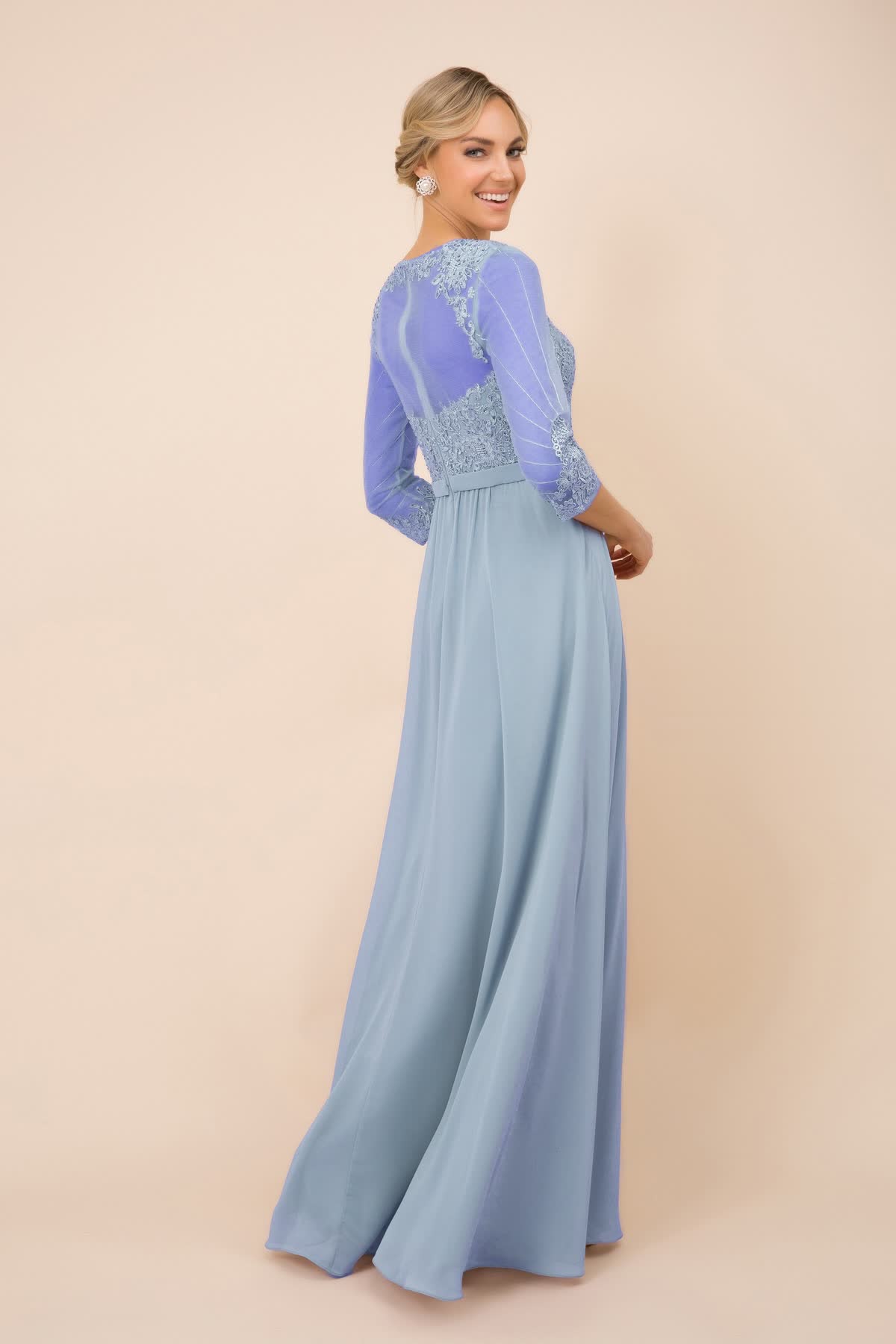V-Neck Dress, Long, Embroidered Bodice, 3/4 Sleeves-smcdress