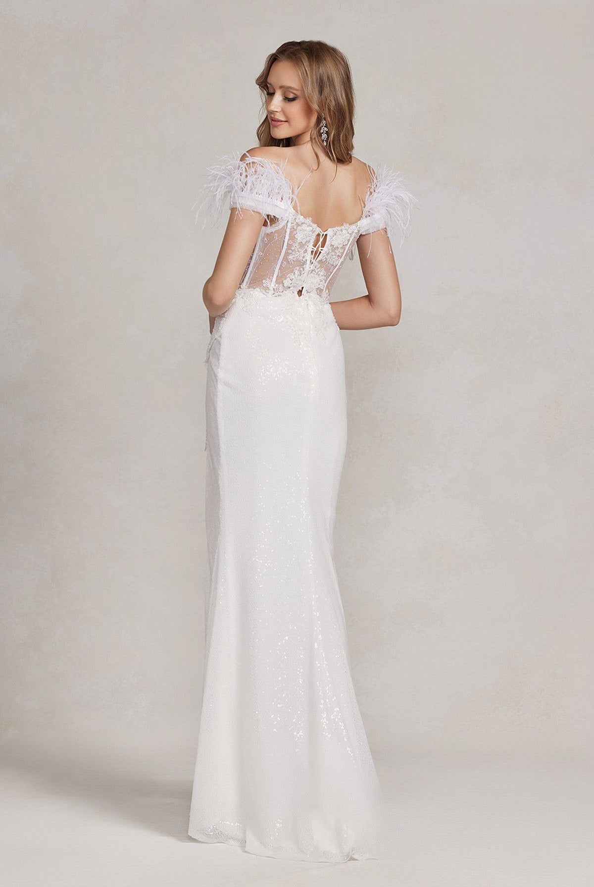 Feather Embellished Sheer Bodice Side Slit Long Wedding Dress-smcdress