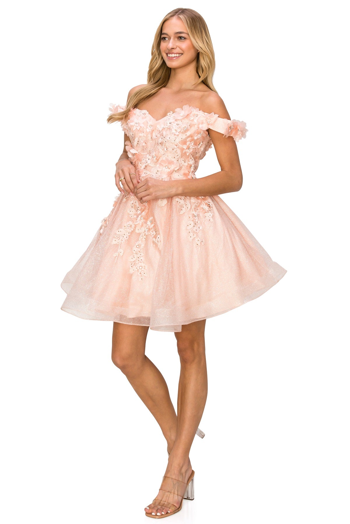 Beautiful 3D flower glitter off shoulder party dress-smcdress