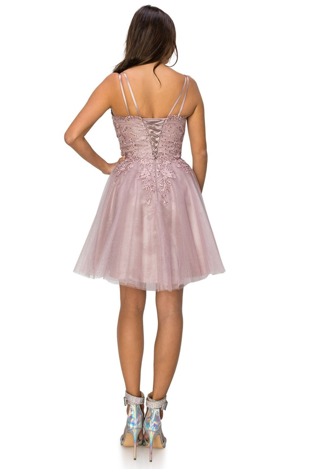 Double spaghetti rhinestone embroidered tulle dress.-smcdress