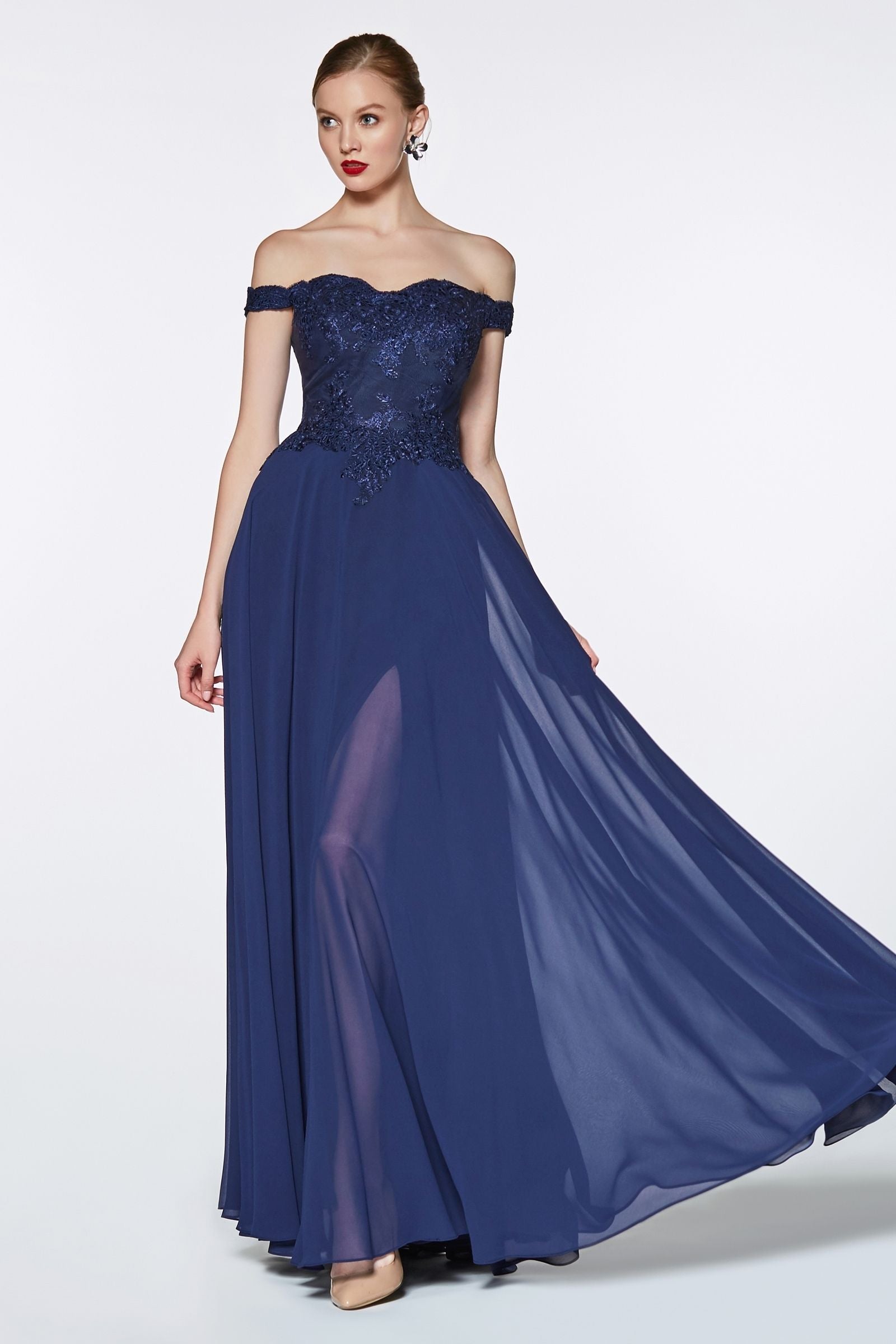 Off-shoulder lace-bodice gown with chiffon skirt & leg slit-smcdress