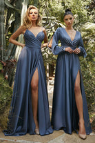 Bridesmaid Dresses with Deep V-Neck, Wrapped Bodice, and High Leg Slit-smcdress