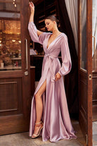 Satin V-Neck dress, Fitted on waist A-Line Skirt with High Leg Slit & Minimalism Style-smcdress